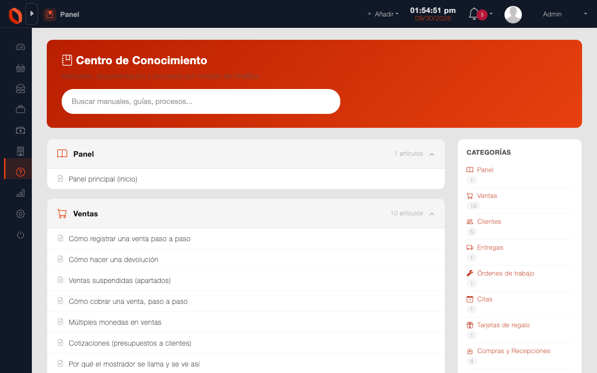 Base de conocimiento de OneBox: artículos de ayuda en español organizados por área, con su contenido desplegable.