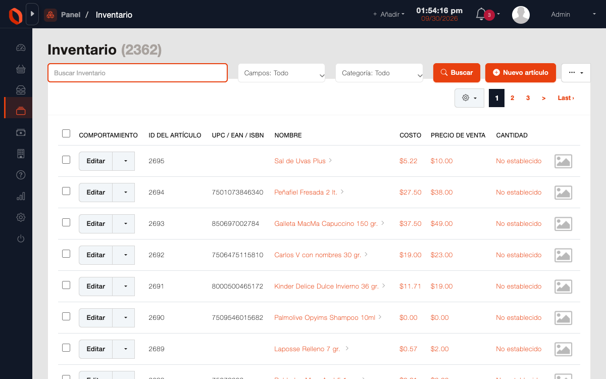 Inventario de OneBox: artículos en tabla, con código de barras, nombre, existencias y precio de venta de cada producto.
