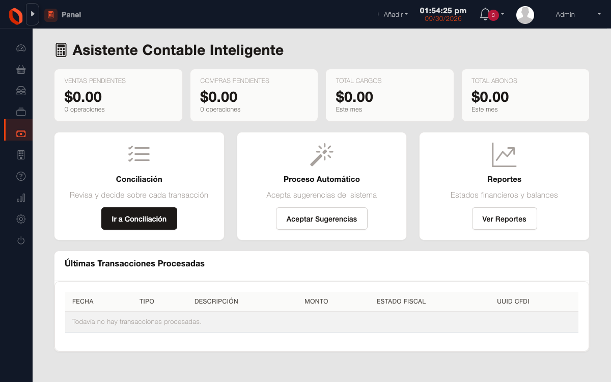 Módulo de contabilidad de OneBox con sus estados financieros y sus asientos, alimentados por las ventas y los gastos del mismo sistema.