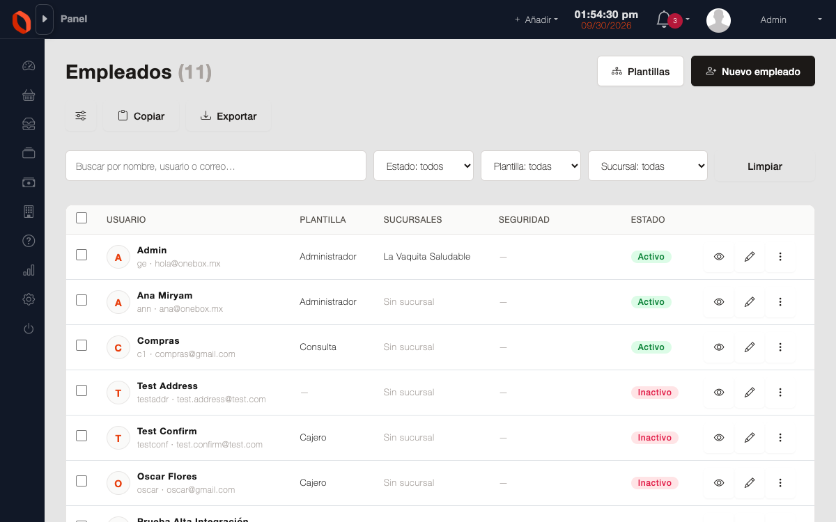 Listado de empleados de OneBox con su puesto, su turno y su estado.