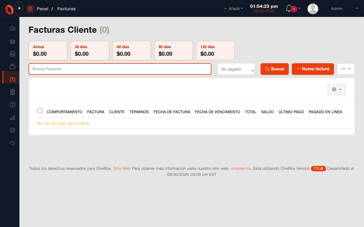 Listado de facturas de OneBox con su folio, su cliente, su importe y su estado de cobro.