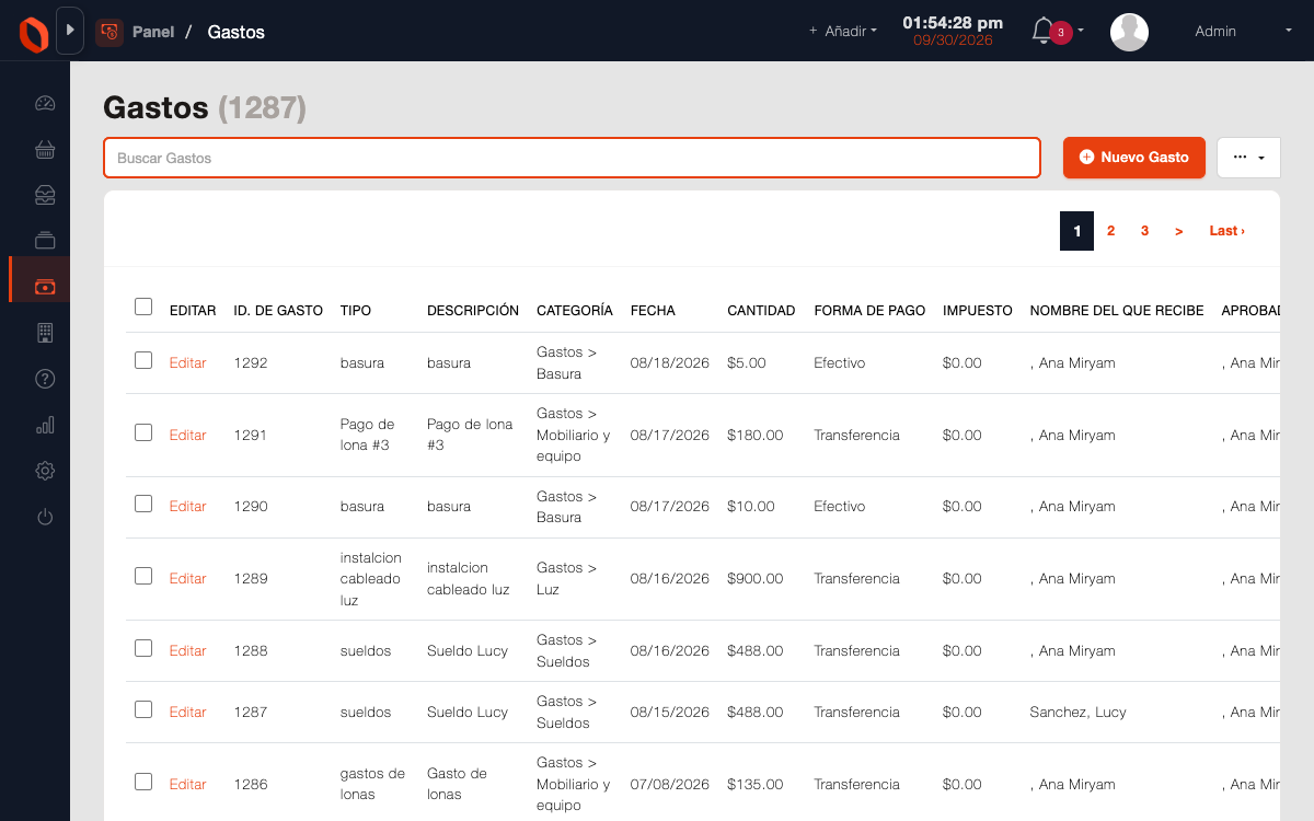 Registro de gastos de OneBox con su categoría, su importe y la caja a la que se carga.