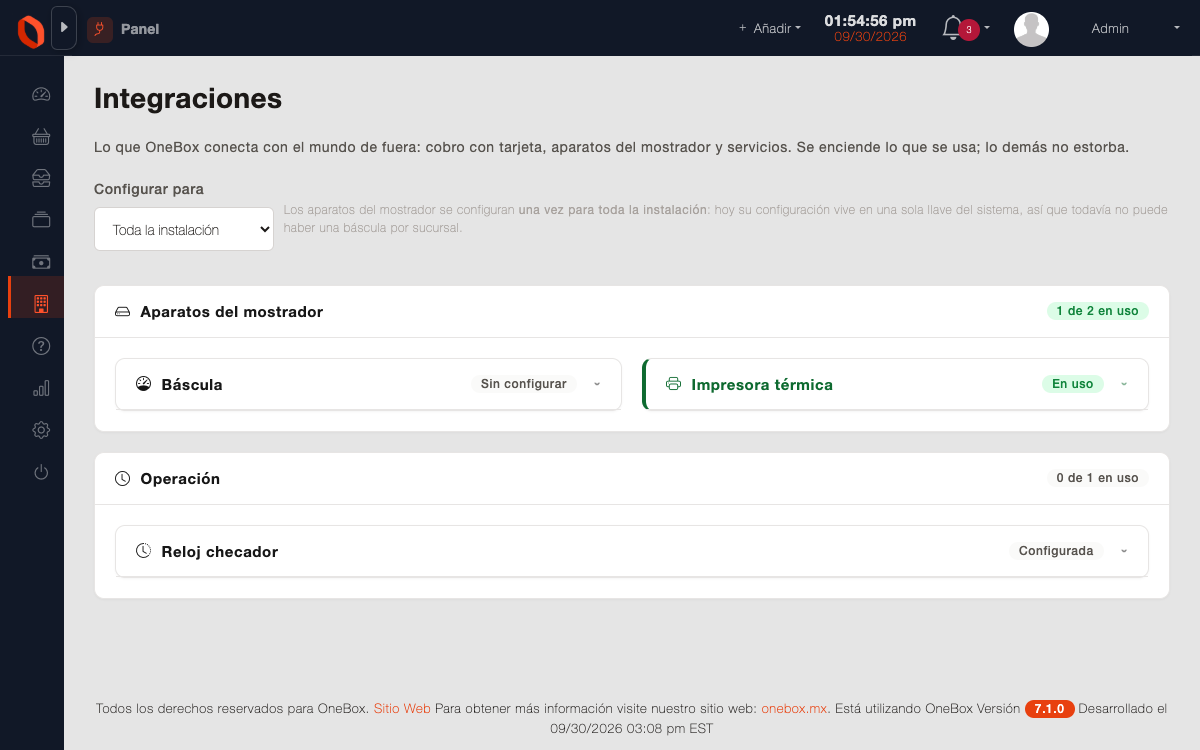 Módulo de integraciones de OneBox con las conexiones disponibles a plataformas externas.