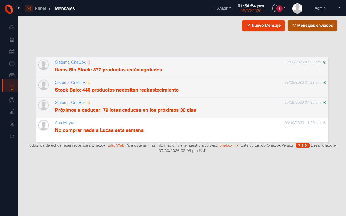 Mensajería interna de OneBox con los mensajes del equipo y los avisos del sistema.