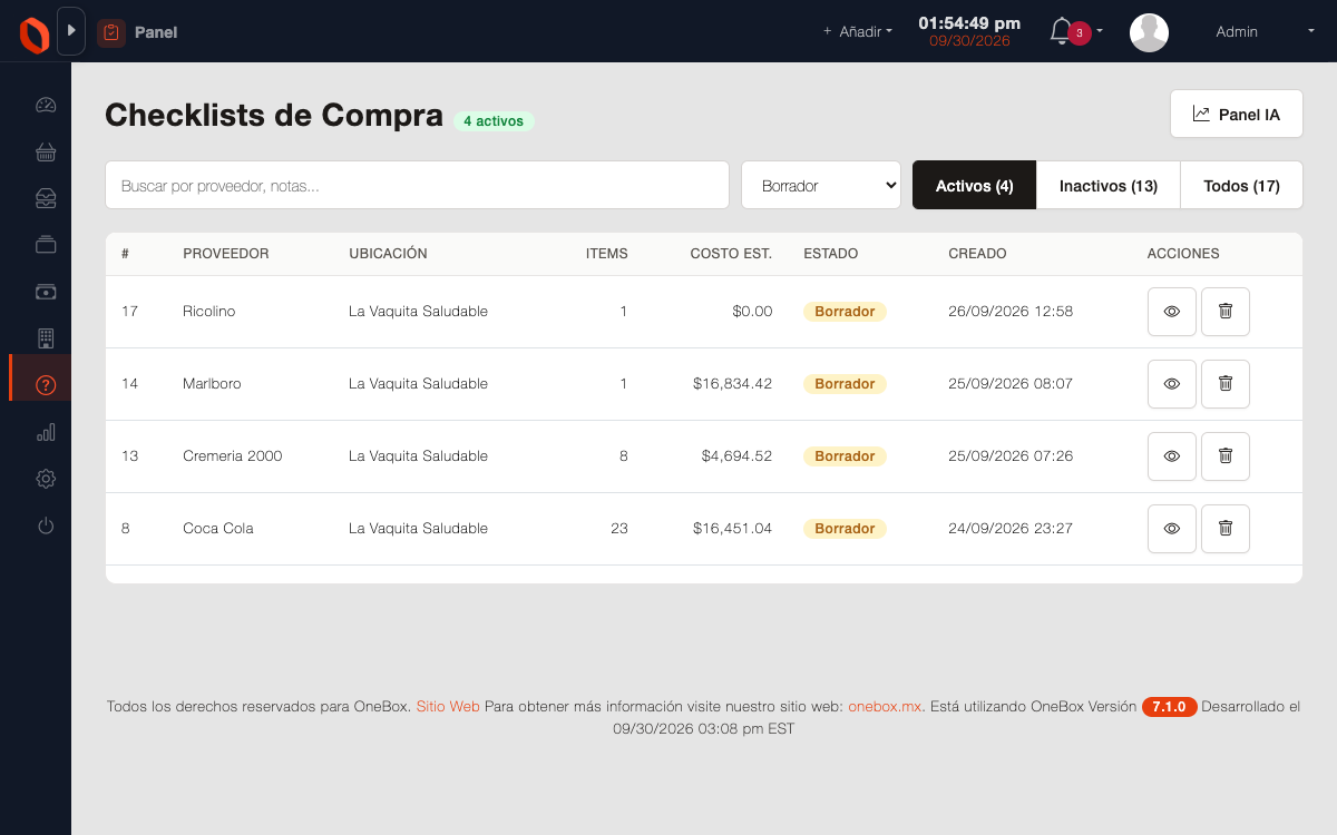 Listas de compra de OneBox con el conteo de listas activas y los artículos a surtir agrupados por proveedor.