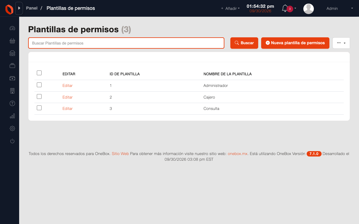Plantillas de permisos de OneBox: cada puesto del negocio con la lista de acciones que puede ejecutar.