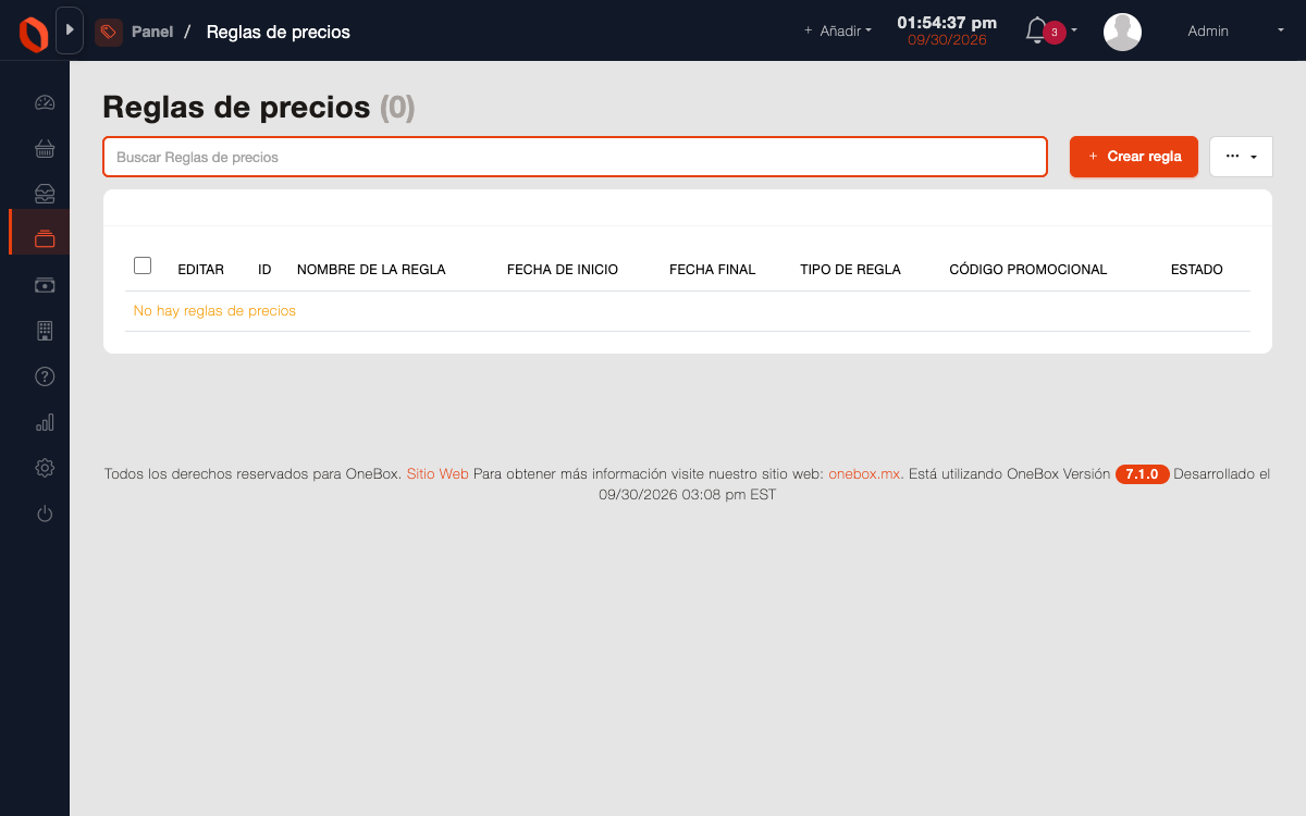 Reglas de precio de OneBox: listas por cliente, por canal y por volumen, con la condición que las activa.