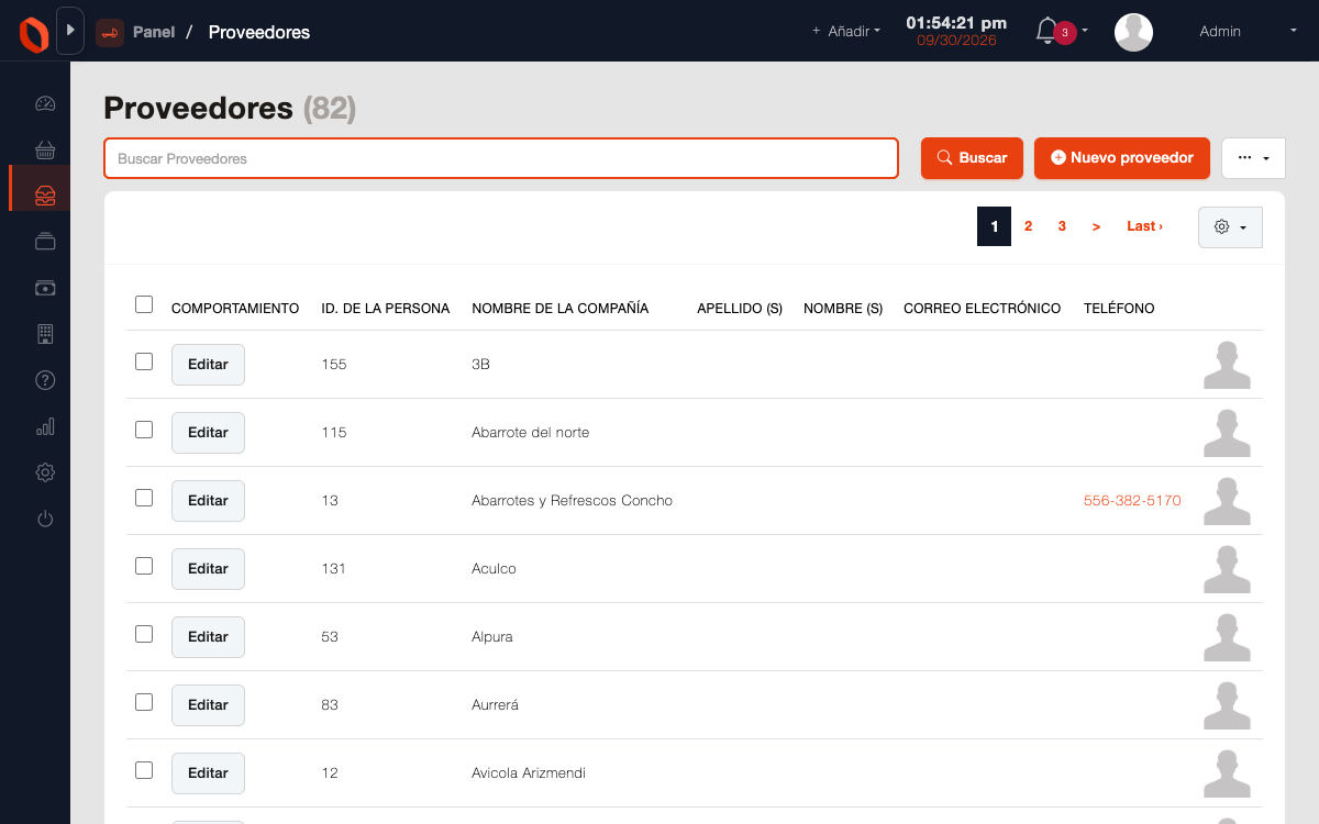 Catálogo de proveedores de OneBox con su información de contacto y sus condiciones de compra.