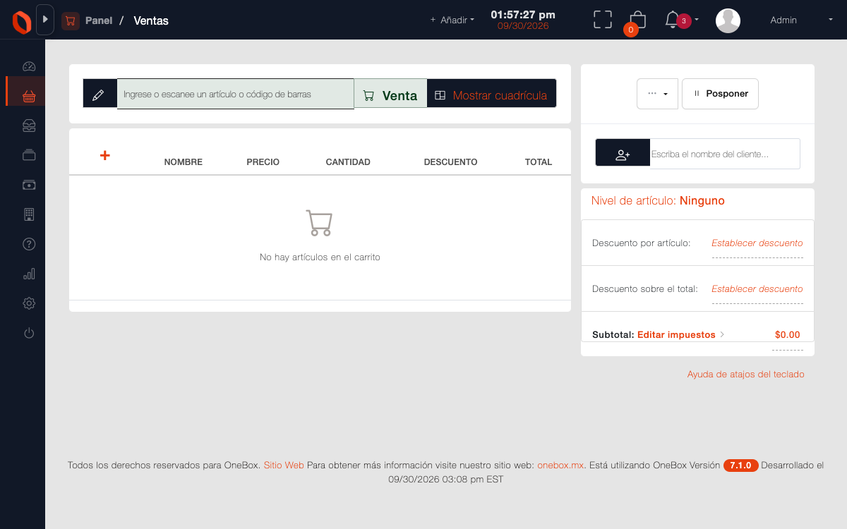 Pantalla de ventas de OneBox: a la izquierda la rejilla de artículos con su precio, y a la derecha el panel del cobro con el total y el botón de cobrar.