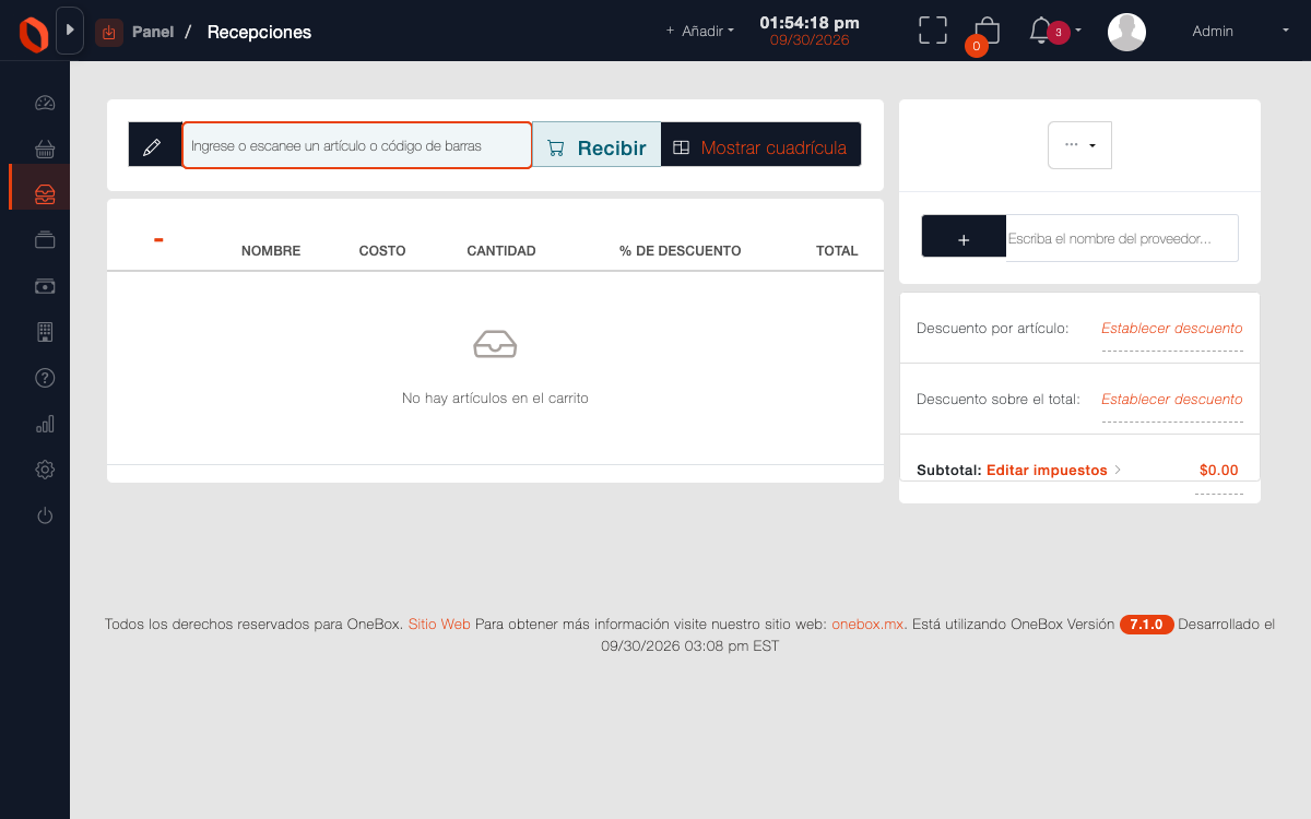 Pantalla de recepciones de compra: las órdenes pendientes de recibir y el formulario de entrada de mercancía con lo que llega contra lo que se pidió.