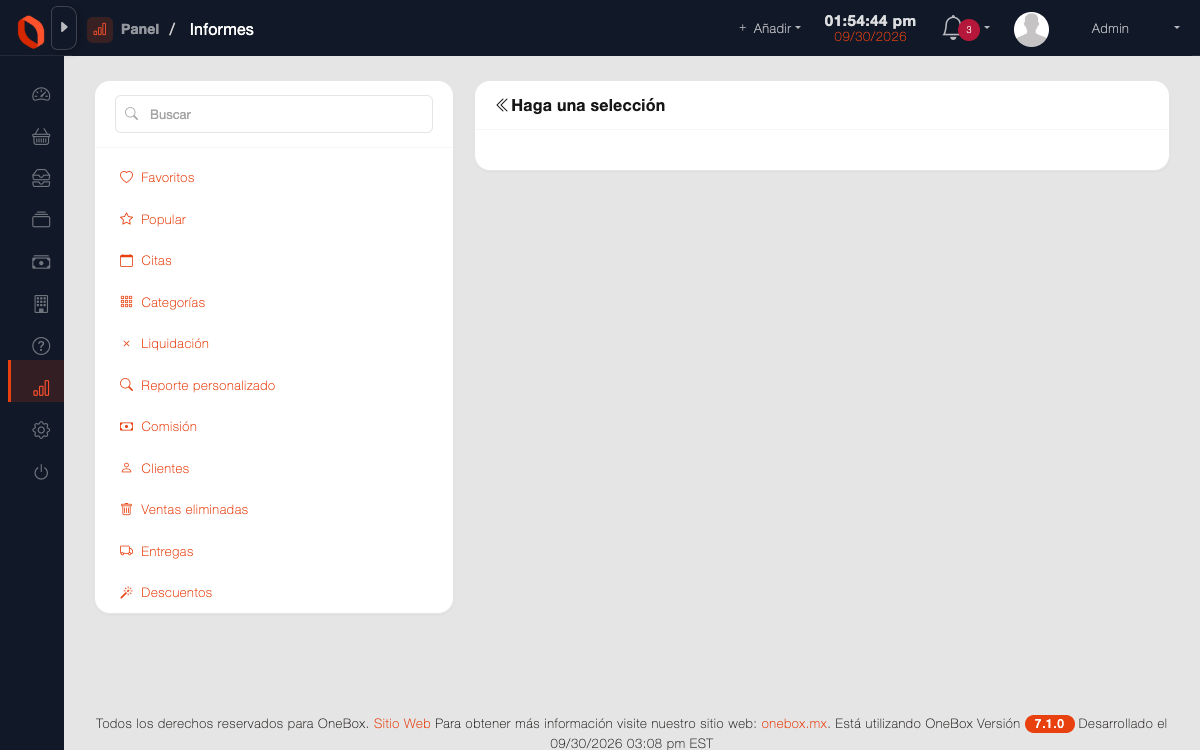 Catálogo de reportes de OneBox: ventas, productos más vendidos, inventario bajo, existencias por vencer y corte de caja.
