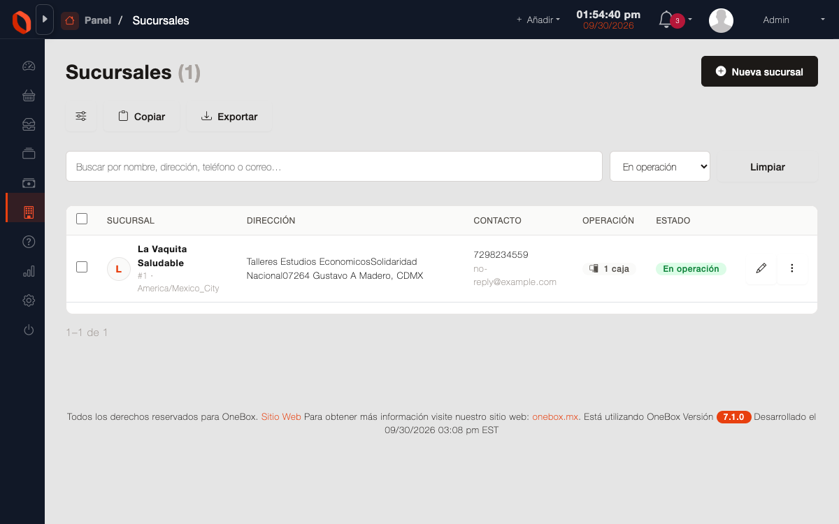 Ubicaciones de OneBox: sucursales y almacenes con su dirección y sus parámetros de operación.